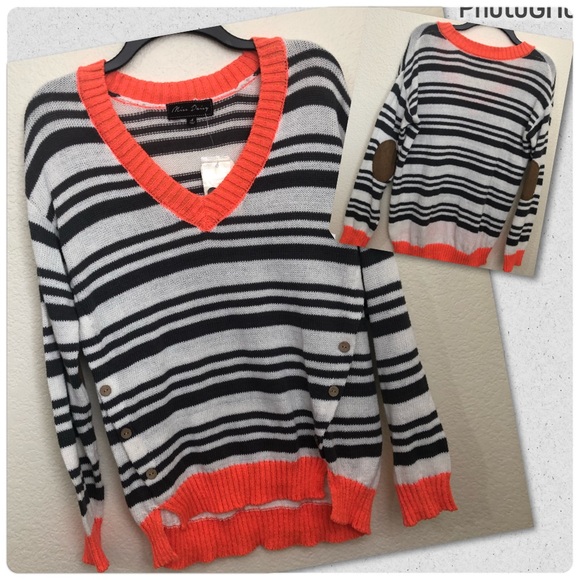 Miss Daisy Womens Medium V-Neck Sweater Elbow Patch Knit Striped NWT - Picture 1 of 14